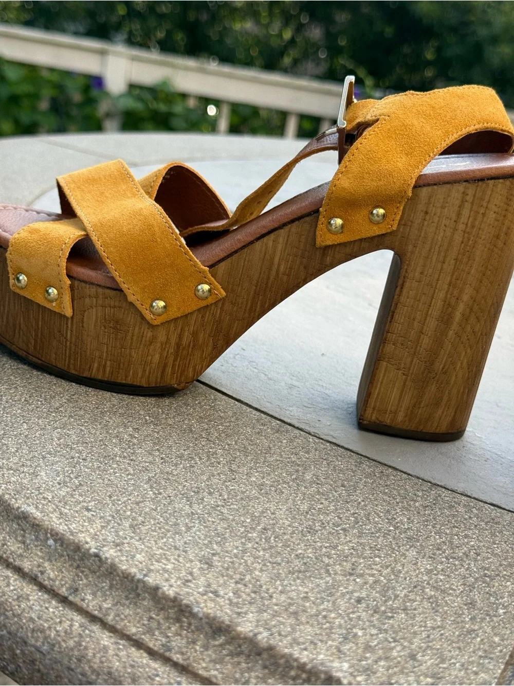 Aldo Mustard Suede Platform Sandals with Wood-Effect Block Heel